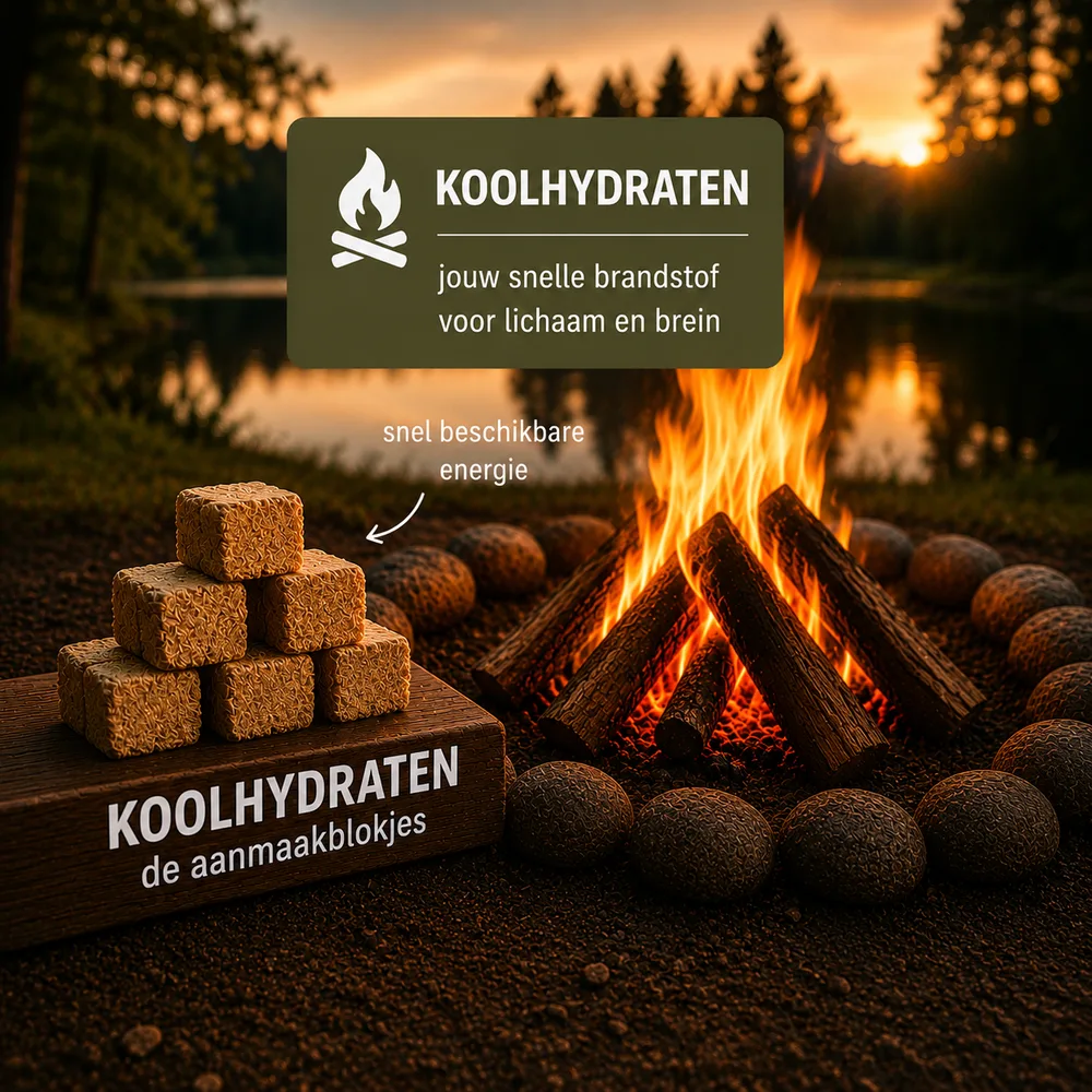 Aanmaakblokjes bij een kampvuur, als beeld voor koolhydraten als snelle brandstof