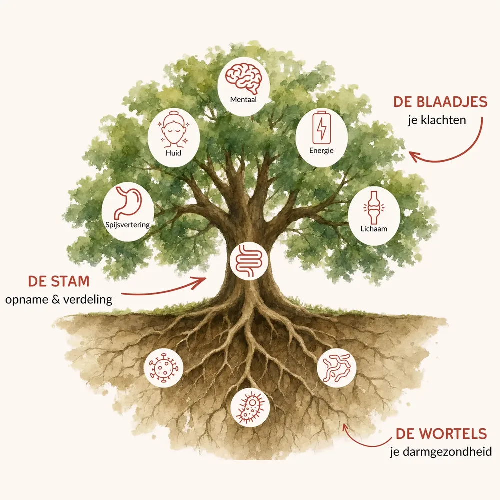 Illustratie van een boom waarvan de wortels staan voor de darmen